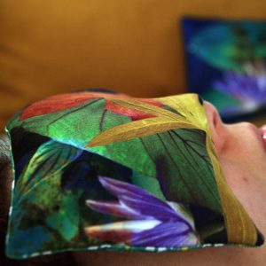 Eyes pillow housse velours, garnissage graine de lin et lavandin bios, motif feuillage et insecte, tons de vert, ocre rouge et jaune mordoré, mauve, bleu – 11,5×20,5cm