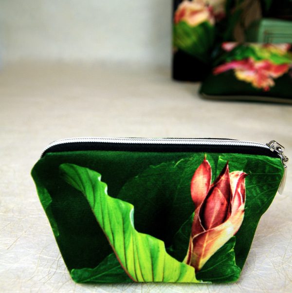 Mini trousse velours, fermeture zip, motif floral tropical, verts, rouge - 6x9x15cm – Image 6