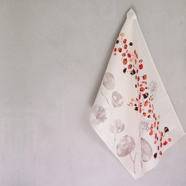 Torchon rectangle en coton, motifs graphiques feuilles eucalyptus, tons orange et gris sur fond blanc - 45x68cm